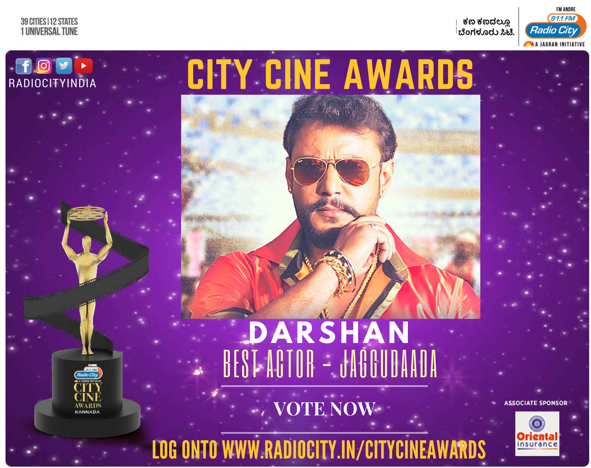 radiocityindia's tweet photo. #CityCineAwards #Kannada. To Vote for @dasadarshan #BestHero #JagguDaada Log onto https://t.co/ovFObsumHx Hurry, Last Few Days Left!!! https://t.co/SJ91CkovZH