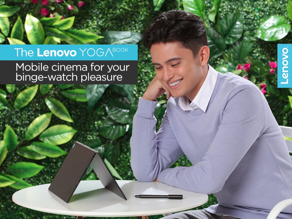 LenovoPhils's tweet photo. Use the Lenovo Yoga Book however way you want it! For James, binge watching his fave shows is a #win with Yoga Book in Watch Mode! https://t.co/mrQfhBuq7S