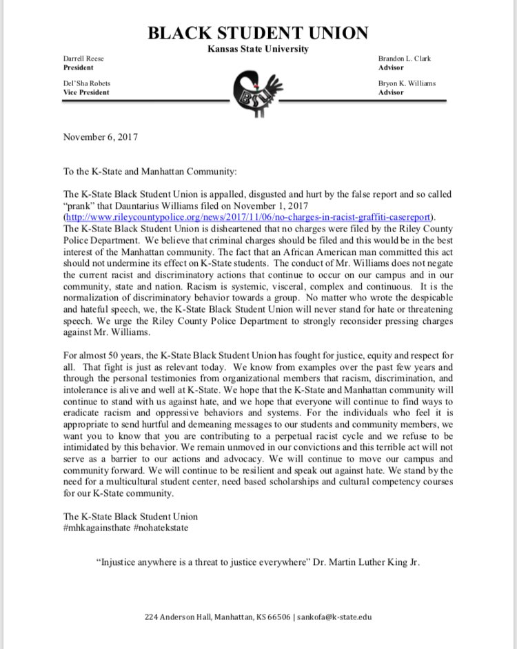 The Official Statement from the Kansas State Black Student Union!