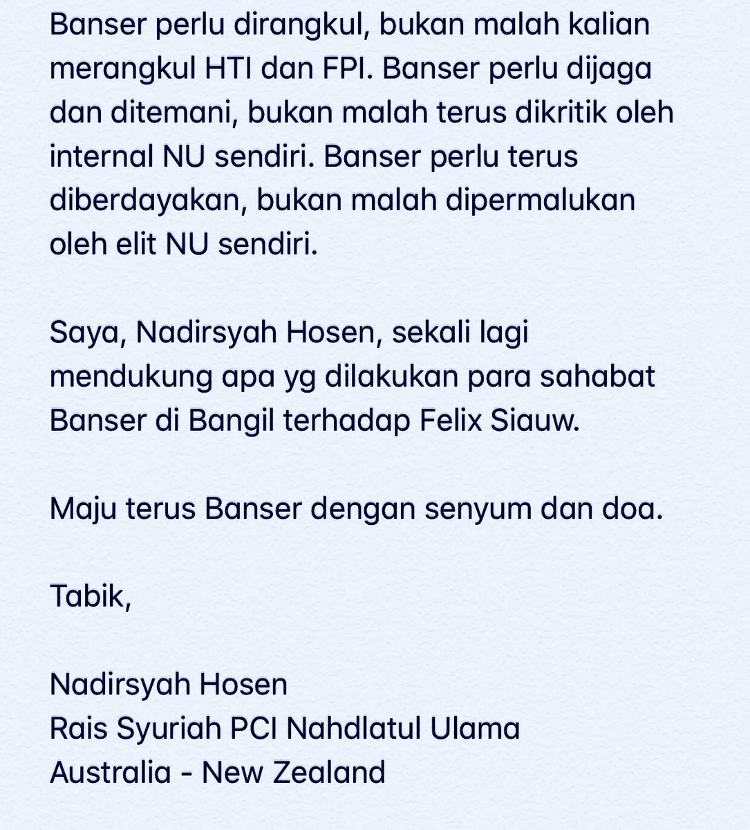 sahaL_AS's tweet photo. MENDUKUNG BANSER. Pernyataan lugas Rais Syuriah PCINU Australia @na_dirs ttg. kasus Felix di Bangil. Sebarkan! :) https://t.co/fxWbovAeMJ