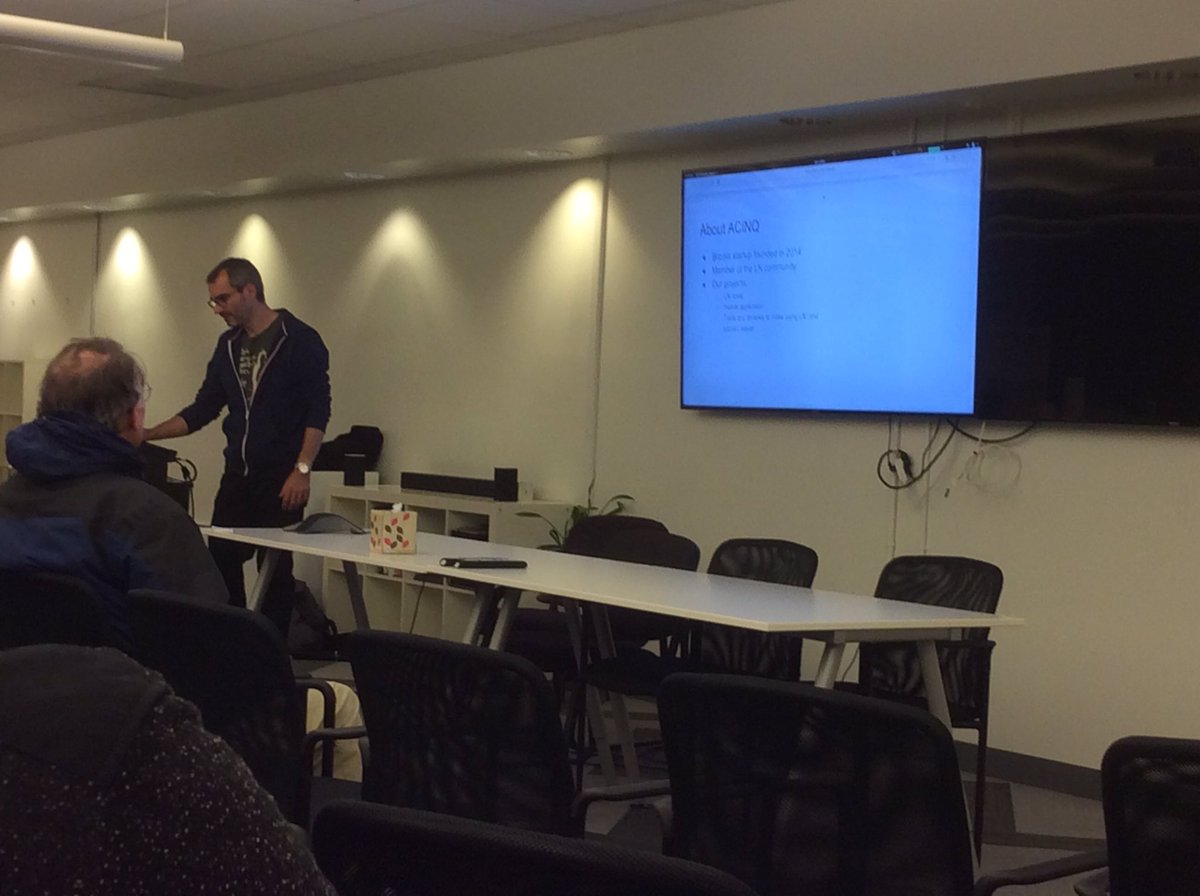 nuncle's tweet photo. .@sfscala meetup at @Ascendify: @SuredBits' @Chris_Stewart_5 on bitcoin-s; @ACINQ_Co on Lightning/Eclair; w @bitcoin_science @ChiefScientist https://t.co/VPTAn5WPAG