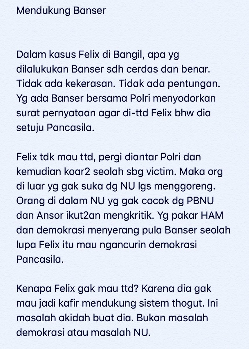 sahaL_AS's tweet photo. MENDUKUNG BANSER. Pernyataan lugas Rais Syuriah PCINU Australia @na_dirs ttg. kasus Felix di Bangil. Sebarkan! :) https://t.co/fxWbovAeMJ