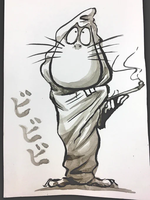 筆と墨汁で、遊んで描いたねずみ男です 