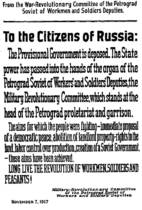 <a href="/VLenin_1917/">Vladimir Lenin</a> To Citizens of Russia: <a href="/ProvGovt_1917/">Provisional Govt</a> deposed. State authority passed to <a href="/PetroSoviet1917/">Petrograd Soviet</a> #1917LIVE