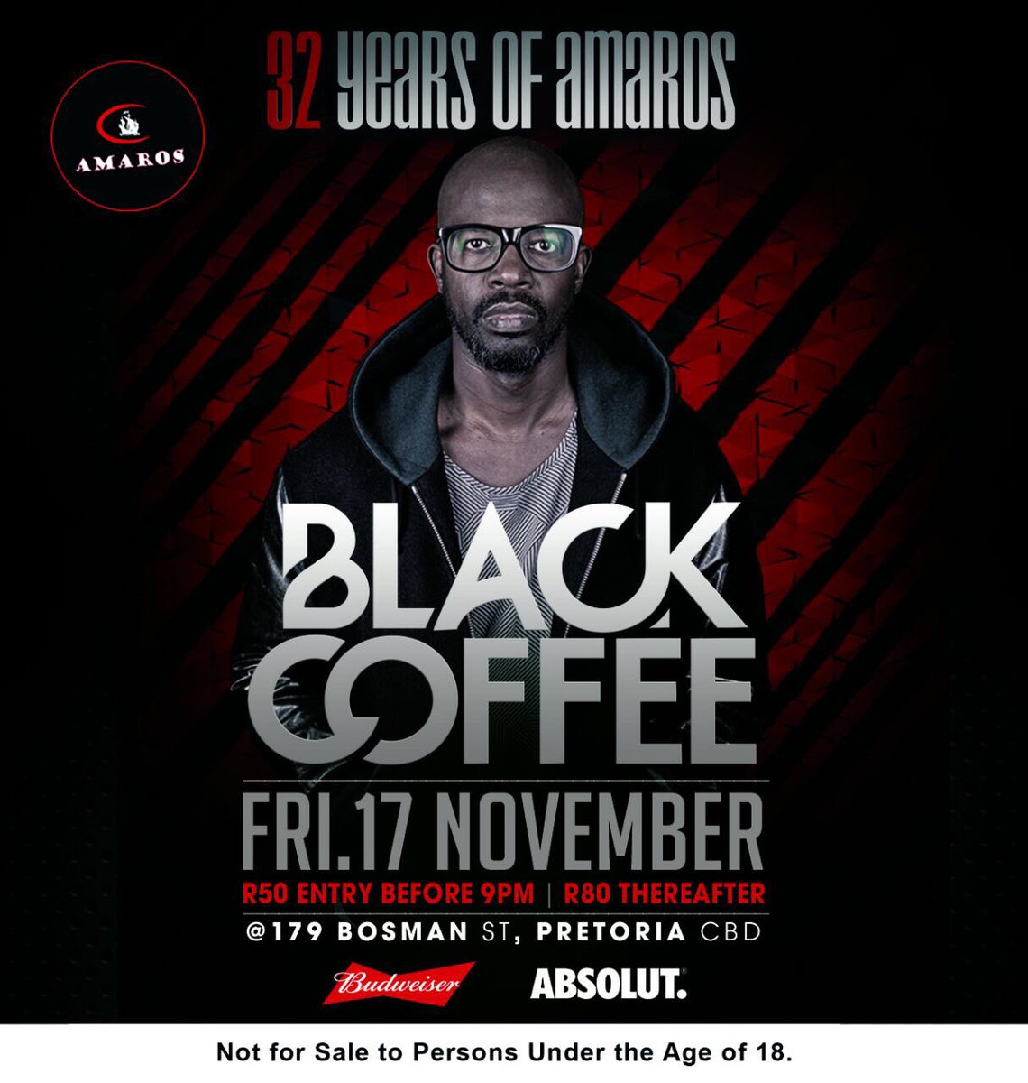 AmarosPTA's tweet image. #32YearsOfAmaros Fri 17 Nov. 
with @RealBlackCoffee 

- R50 before 9pm | R80 There After

179 Bosman Street, Pretoria Central.