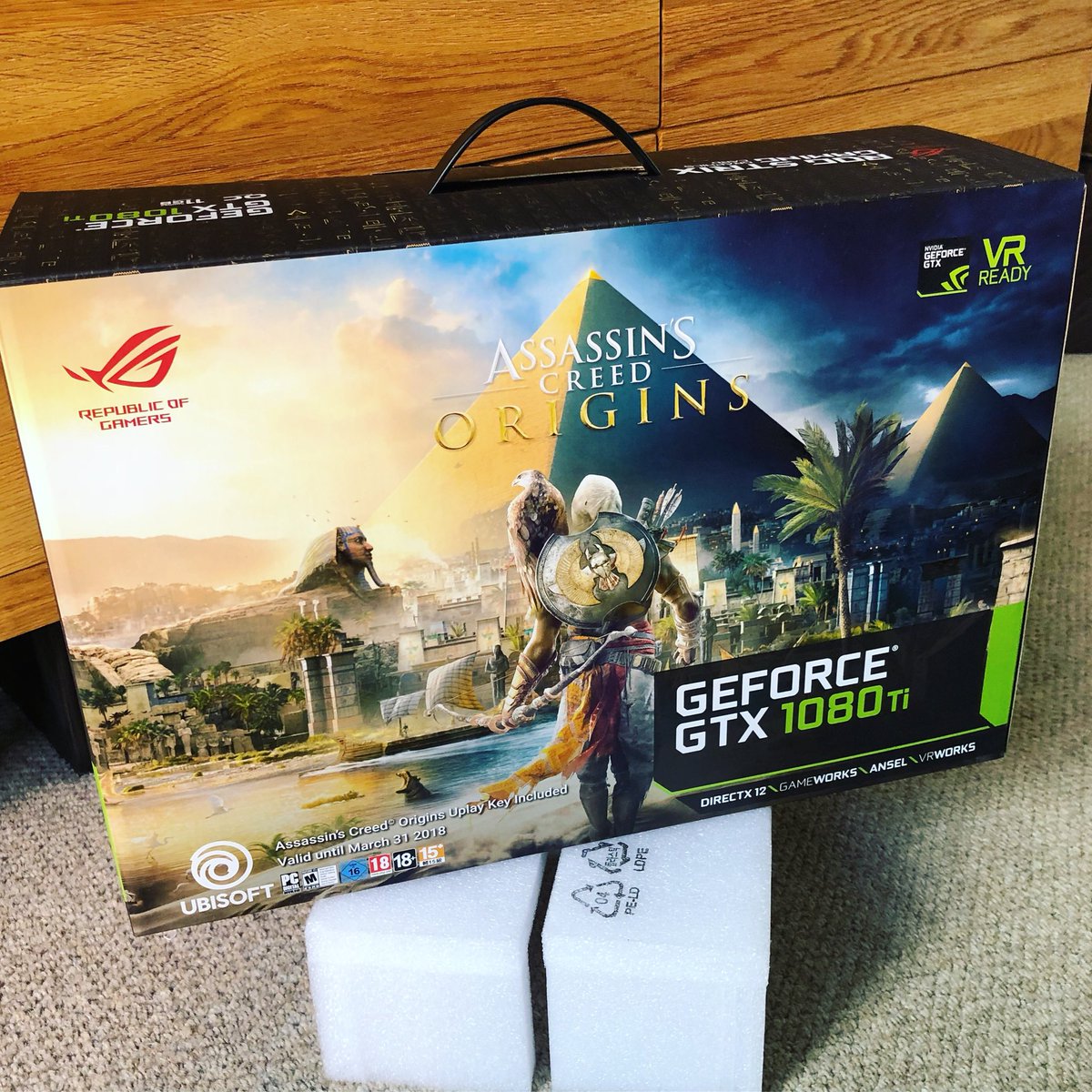 OlliHull's tweet photo. Alright here’s a better look! This thing looks awesome and I can’t wait to show you guy this insane card! Video soon! #ACOriginsROG #AD https://t.co/QQ17GQ26Ht