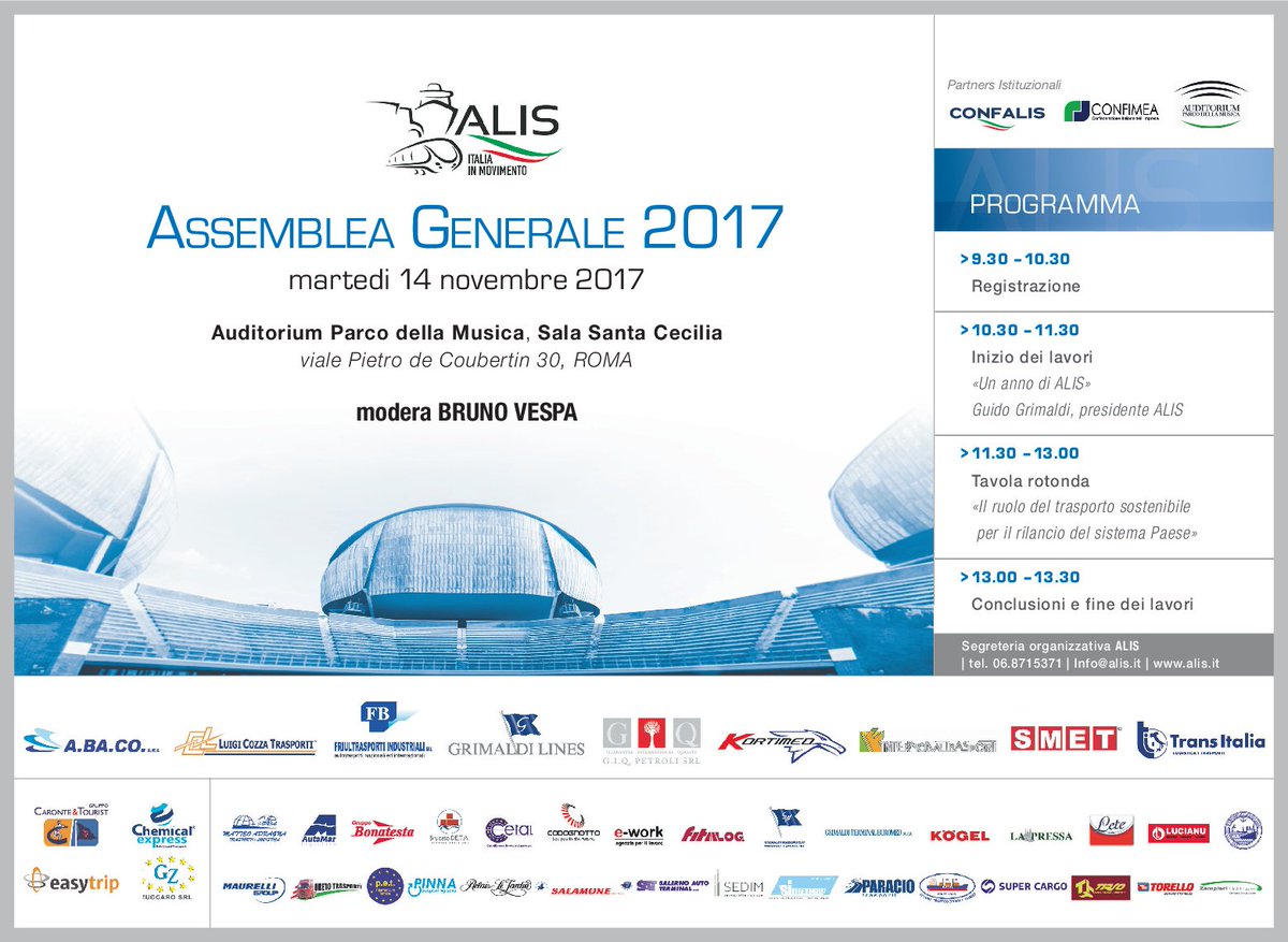 ALIS_italia's tweet photo. "#trasporti e #logistica un settore che #unisca e non divida"
Assemblea Generale ALIS 14 novembre 2017 @AuditoriumPdM Sala Santa Cecilia https://t.co/MfszBgODnj