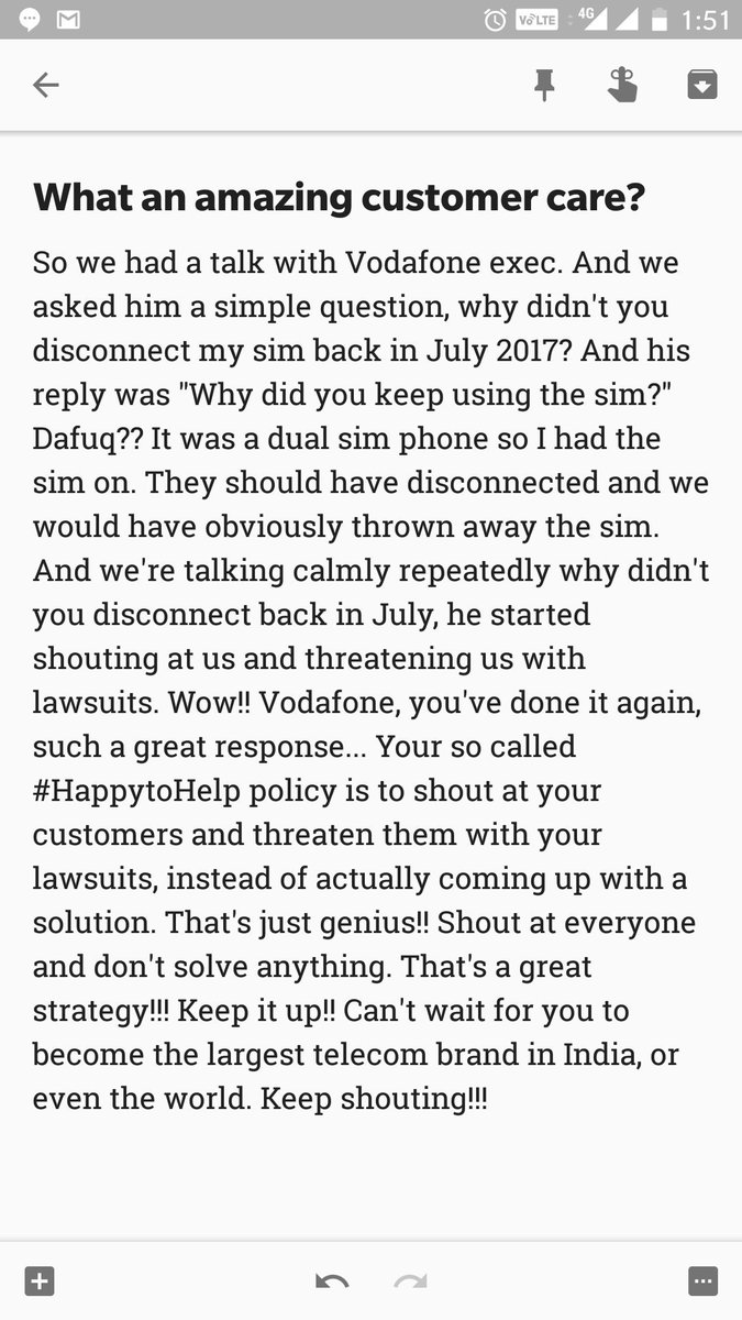ThatHungryBloke's tweet photo. @VodafoneIN You've done it again #Vodafone, a classic example of the best customer care. Shout at your customers &amp; threaten them with lawsuit. #classic https://t.co/AXO6te7g2f