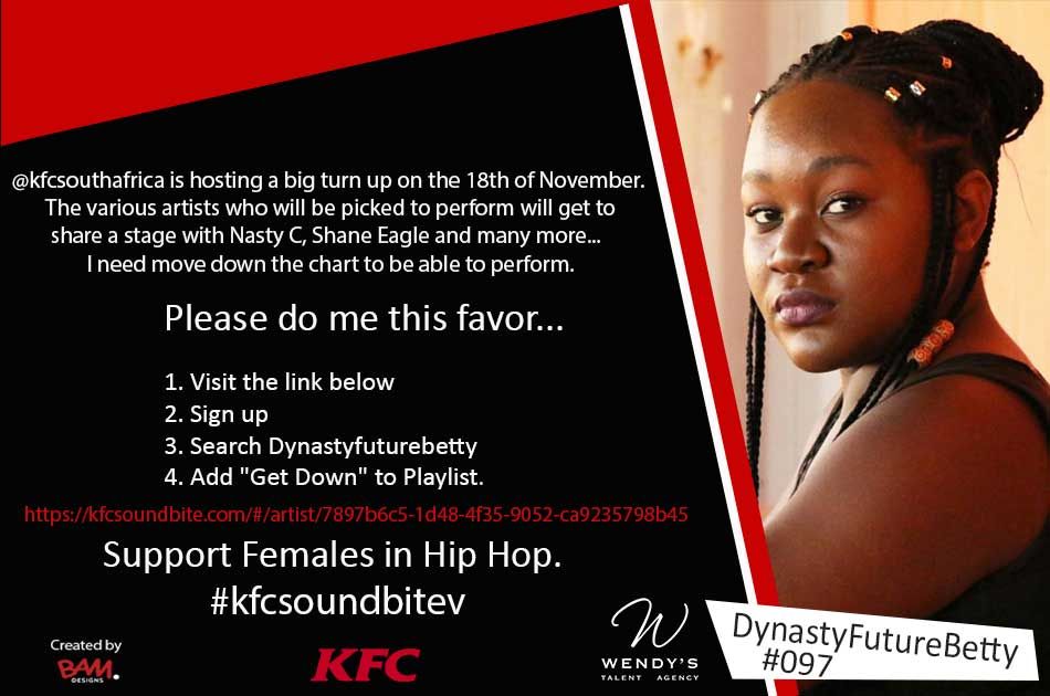 ActorsWendys's tweet photo. Support female hip hop and vote for our own #DynastyFutureBetty #kfcsoundbitev #IamActorSA #Actorguild https://t.co/HWwpBfTvnv