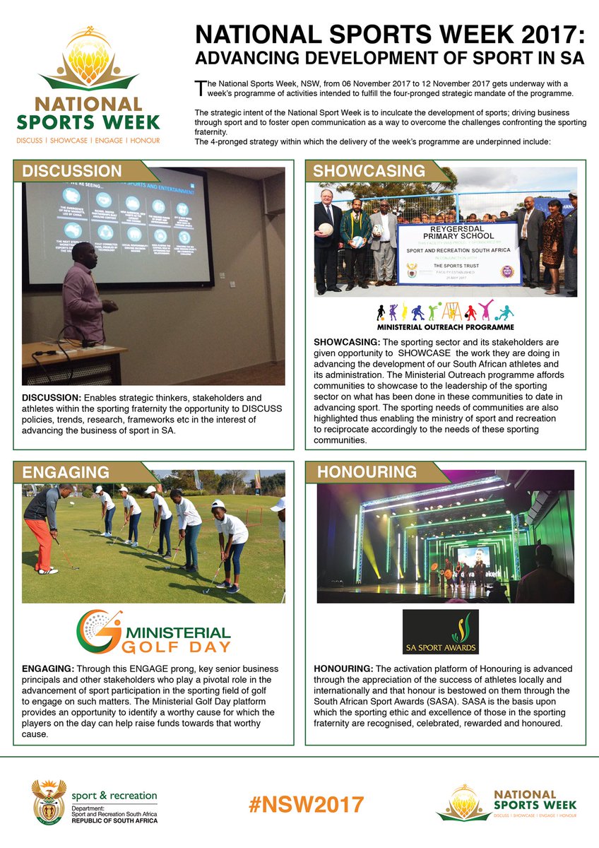SPORTandREC_RSA's tweet photo. 06 - 12 November 2016: SA sporting fraternity delivers National Sports Week programme of advancing development of sport through. https://t.co/fU3ws9kfPh