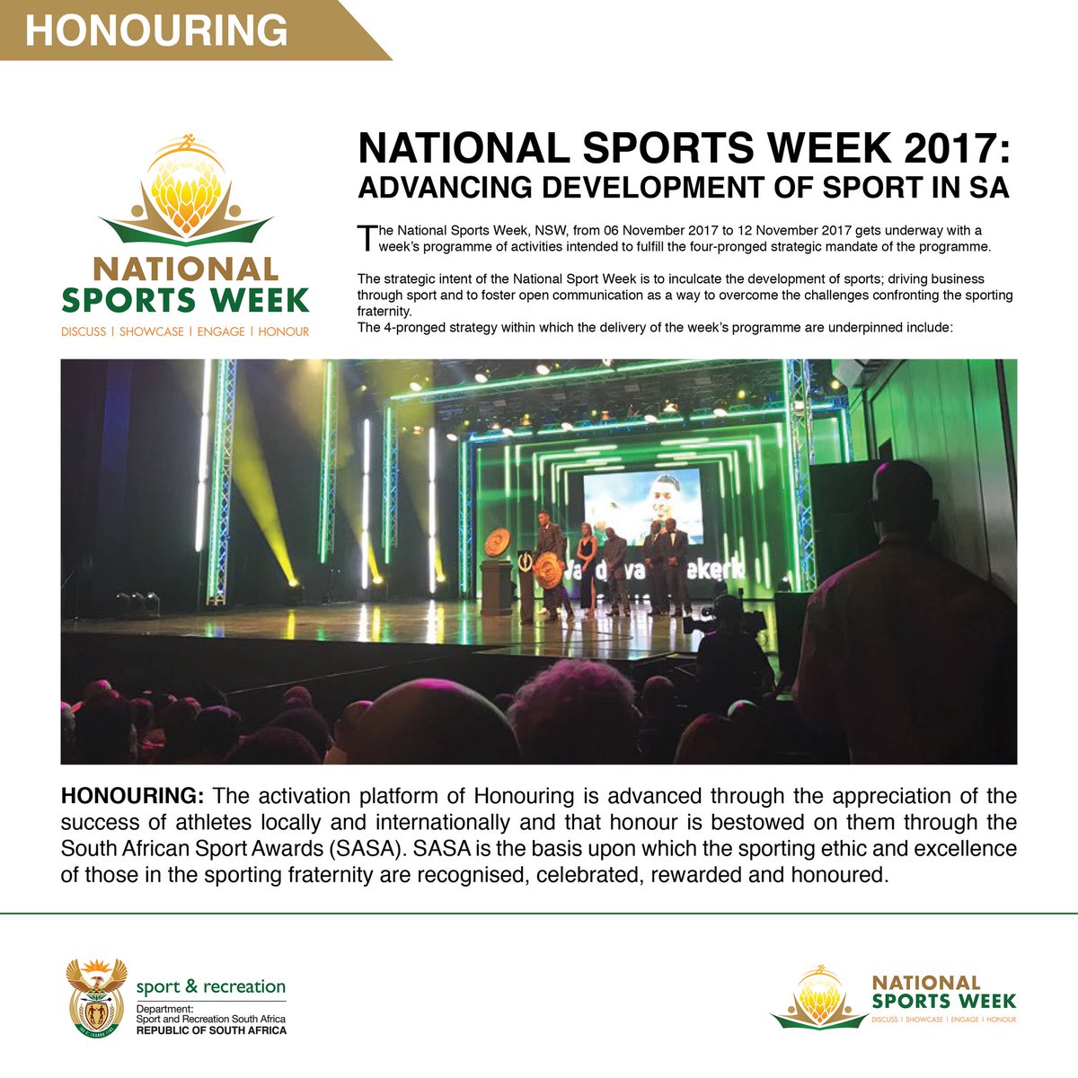 SPORTandREC_RSA's tweet photo. 06 - 12 November 2016: SA sporting fraternity delivers National Sports Week programme of advancing development of sport through. https://t.co/fU3ws9kfPh