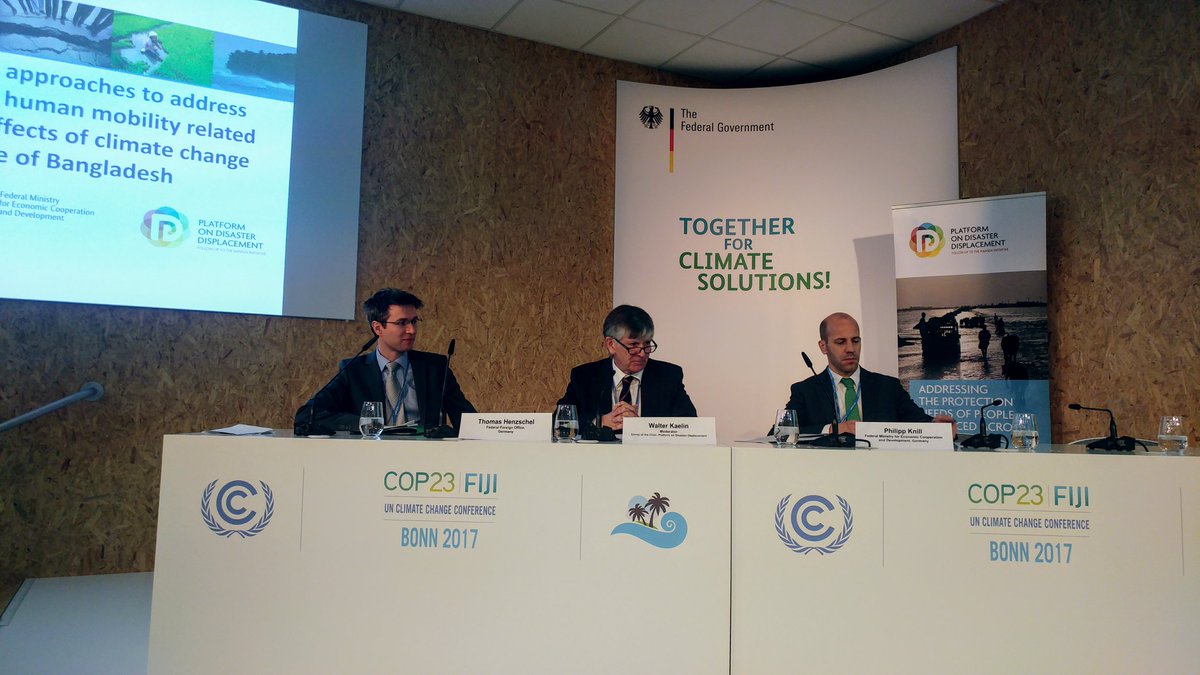 DDisplacement's tweet photo. @DDisplacement Envoy @wakaelin opening discussion with @GermanyDiplo Thomas Henzschel &amp; @BMZ_Bund  Philipp Knill #ClimateChange #COP23 https://t.co/UA2EEkNMh1