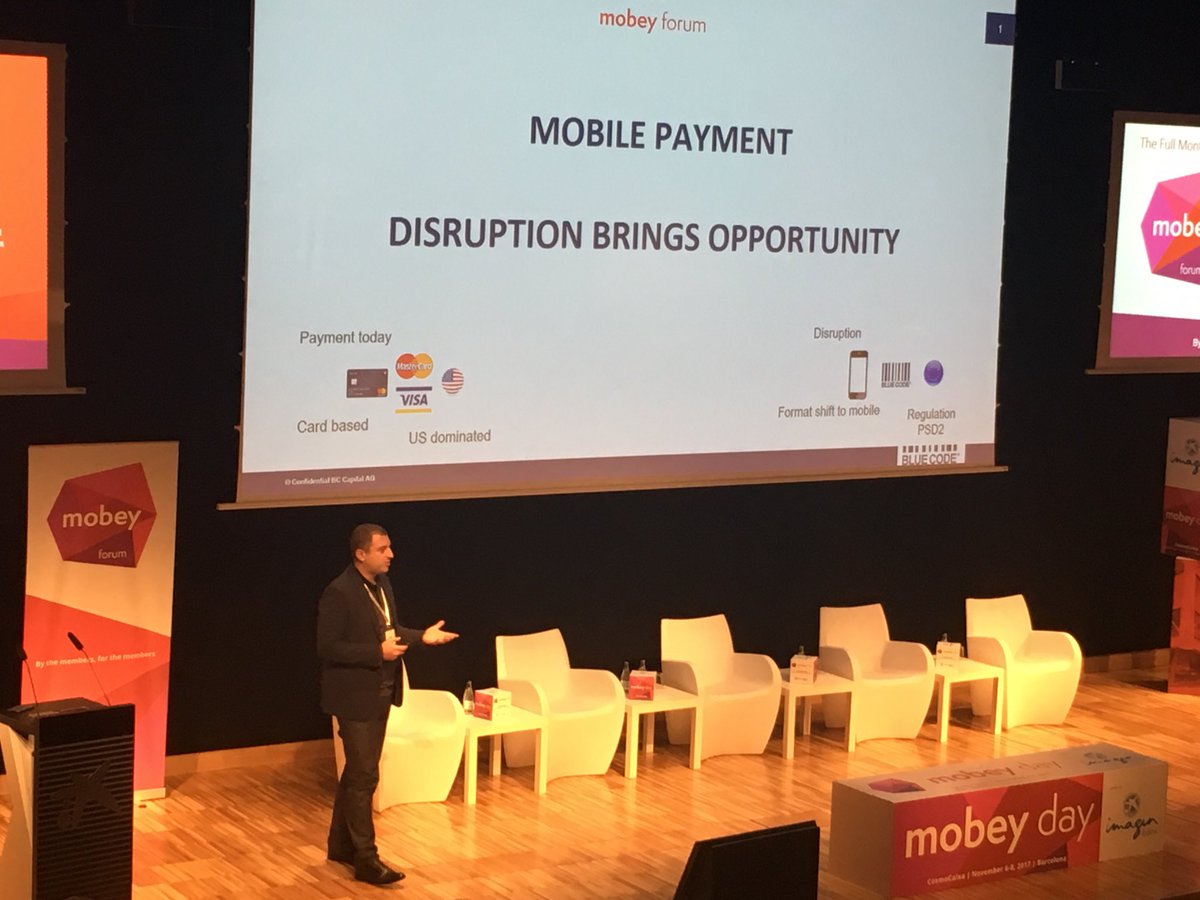 MobeyForum's tweet photo. Chris Pirkner @bluecodepayment speaking at #MobeyDayBCN #disruption brings opportunity @imaginBank #barcelona #MobeyDay https://t.co/0DViTYTe4F