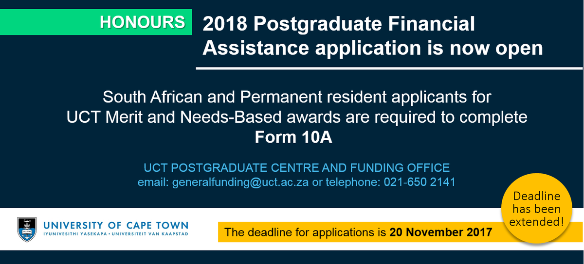 UCTpostgrads's tweet photo. Deadline extended! Honours @UCT_news in 2018! Apply for funding by 20 Nov 2017. Details: https://t.co/eDVzJvEpqS @UCTLibrary @FabAcademic https://t.co/iQHBCoxPOu