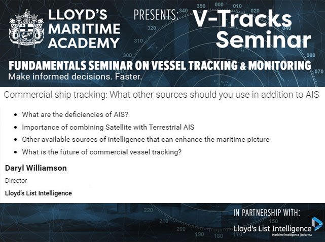 LMA_DL's tweet photo. Commercial ship tracking: What other sources should you use in addition to AIS? This &amp; more discussed at #VTracks https://t.co/6NUjyaQkeN https://t.co/5EcYzc4SVV