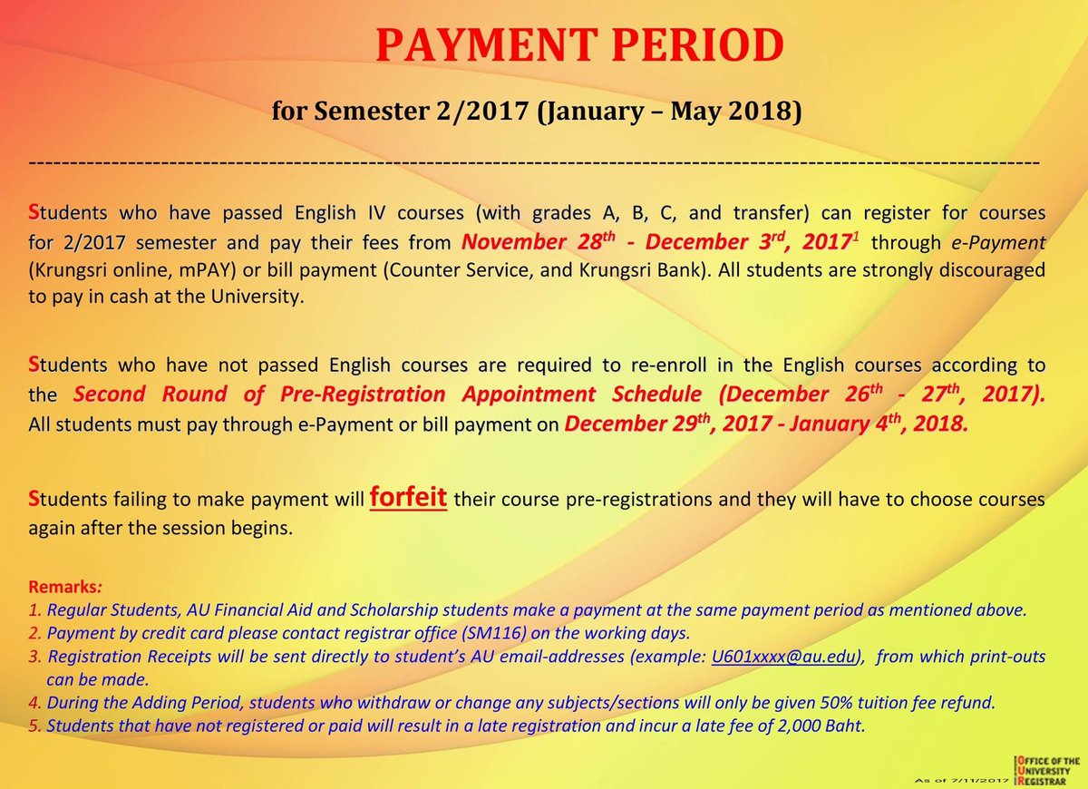 ausoabac's tweet photo. Payment Period for semester 2/2017 https://t.co/webXvfoqda