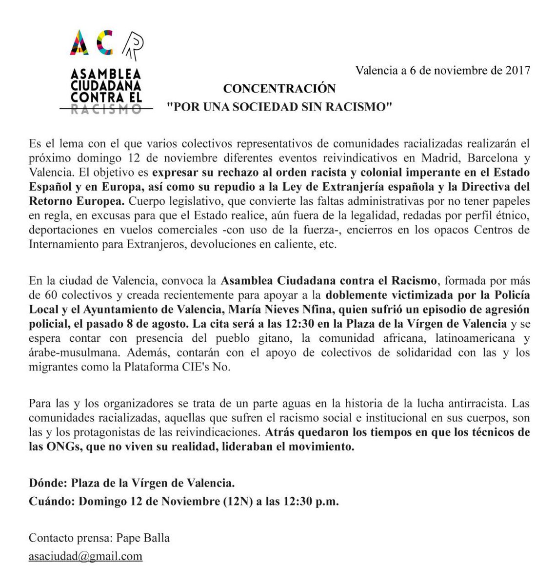 RitaBosaho's tweet photo. La Asamblea ciudadana contra el racismo de Valencia convoca una concentración en apoyo de la manifestación de Madrid #Yomarchoel12N ✊🏿 https://t.co/G39N6VhrHV