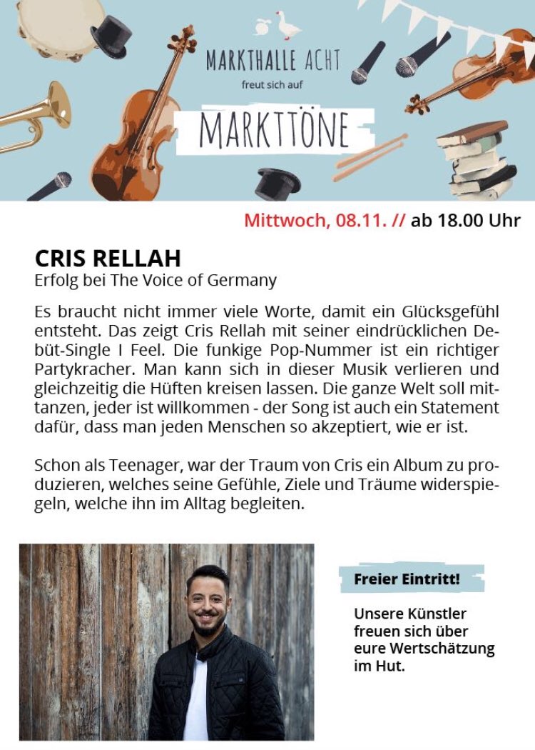 MarkthalleAcht's tweet photo. @Crisrellah von @TheVoiceGermany am MITTWOCH IN DER @MarkthalleAcht 🎤🎼🎼🎼 @BILD_Bremen @nordbuzz @weserkurier @BILD_Bremen @BremerVerlag https://t.co/oXhsKjrv5g