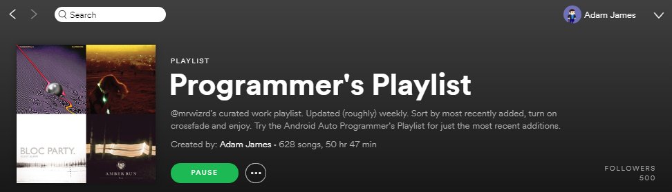 mrwizrd's tweet image. The #ProgrammersPlaylist made it to 500 followers! 📈😍😁🎵🎶