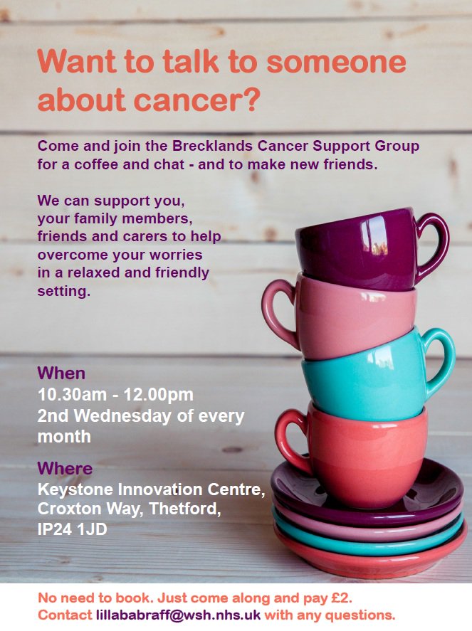 Come along to our #cancer #support group in Thetford tomorrow - a guest speaker will discuss complementary therapies 🙂 Share &amp; RT now! #NHS