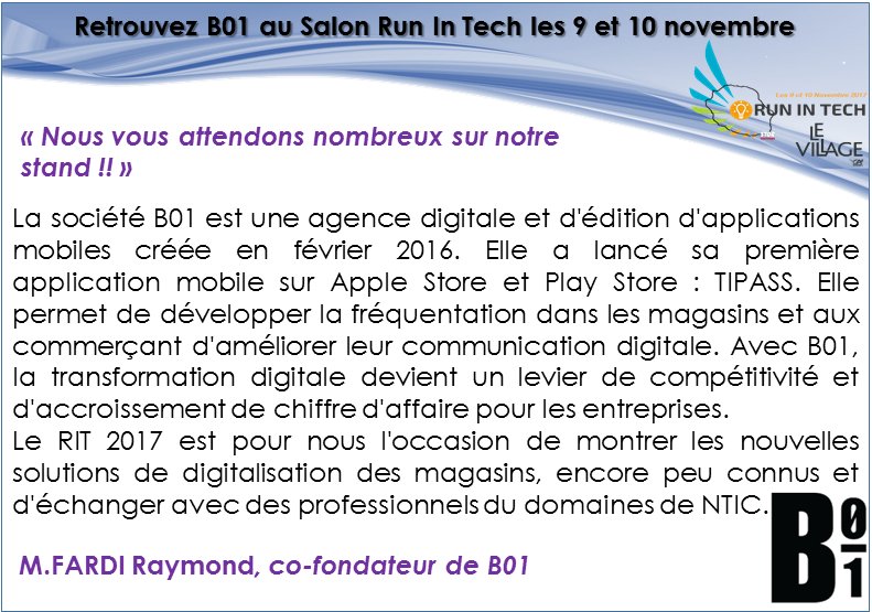RUNINTECH's tweet photo. Découvrez B01 , un nouvel exposant qui sera présent sur le Salon Run In Tech ! 
Pour vous inscrire c'est ici -> https://t.co/pCNiDV2tAD https://t.co/SF1SgOuz9m