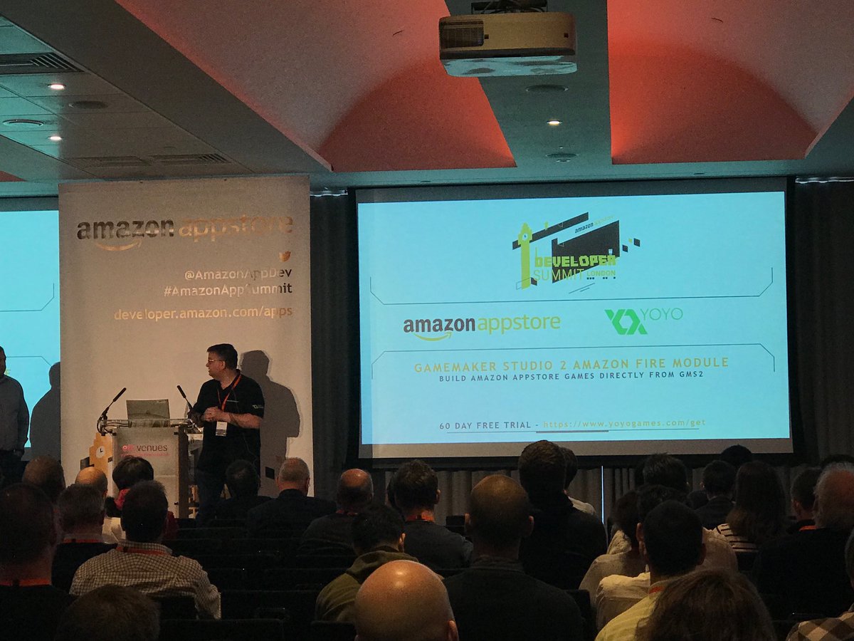 AmazonAppDev's tweet photo. Exclusive offer with @YoYoGames announces free trial for #gamedevs who submit to Appstore. #AmazonAppSummit https://t.co/ovSftShkIk