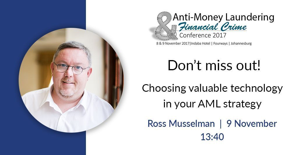 MintGroupZA's tweet photo. "How to choose valuable technology for your #AML strategy" - Don't miss Ross' session at the #AMLConference on Thursday #FICAcompliance https://t.co/rUFotJH4lW