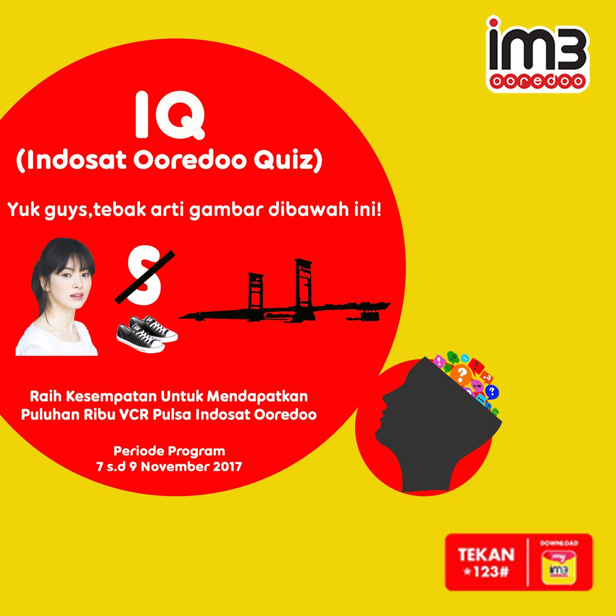 kantikantim3's tweet photo. IQ (IM3 Ooredoo Quiz) yuk ikutan jawab kuisnya dan menangkan puluhan ribu VCR dari kita 😊 #Rp1Gratis1GB #Rp1JAMBI https://t.co/1k7Sjujskr