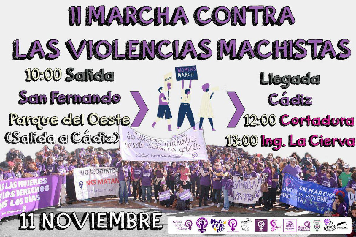 MareaJovenCadiz's tweet photo. 🔴 SÁBADO 11 → II Marcha contra las #ViolenciasMachistas. A las 10:00 en San Fernando, o a las 12:00 en Cortadura. Os esperamos! 💪 https://t.co/QOvo7fQyDj