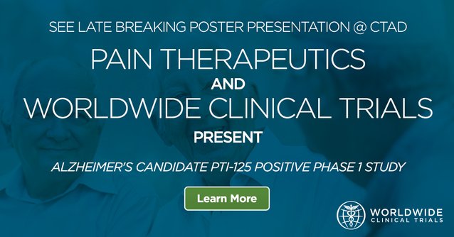 Tishat1990's tweet photo. Congrats to @worldwidetrials partner Pain Therapeutics for a successful #Alzheimers study! See the poster @ #CTAD17. https://t.co/kIJtqy3YxM https://t.co/TFgoqe58Tf