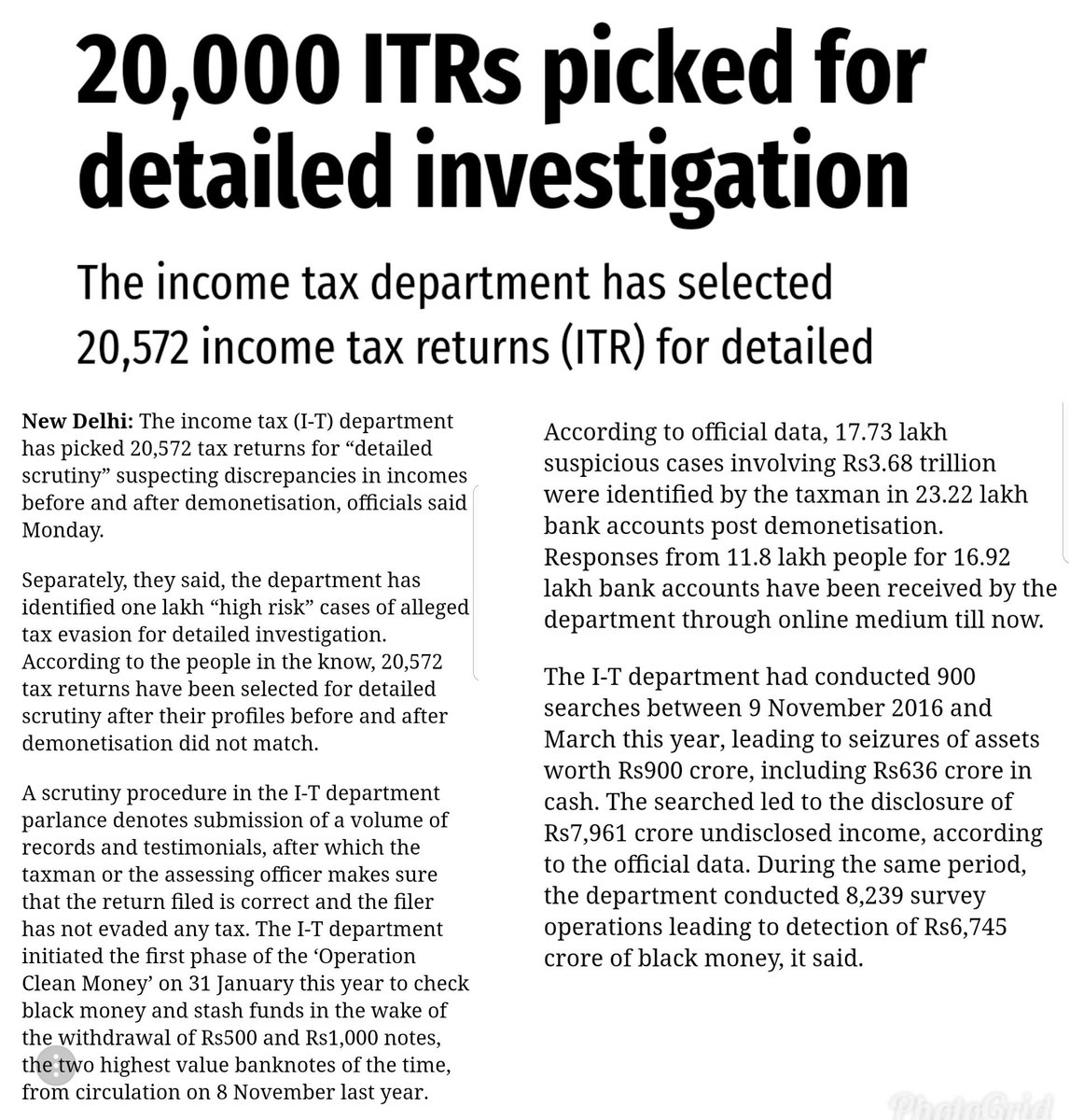KiritSomaiya's tweet photo. 20,572 Income Tax Return filers under scrutiny. #OperationCleanMoney to identify those involved in Black ka White during #Demonetization https://t.co/d9U7YFTOro
