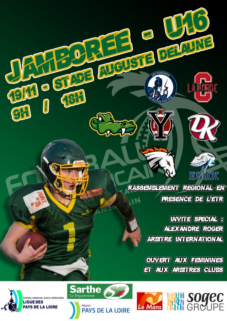 🏈🐊 JAMBOREE U16 🐊🏈
La deuxième édition du rassemblement des U16 sera au Mans ! 
/19/11\
Les féminines sont conviées ! 👍 
Venez nombreux !