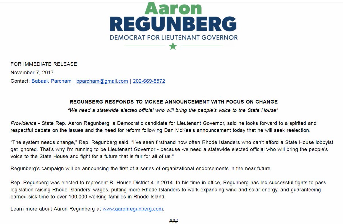 kathyprojo's tweet photo. State Rep - and Lieutenant Governor candidate - Aaron Regunberg issued this statement on day LtGovMcKee announced for reelection: https://t.co/YZyN1zT0bv