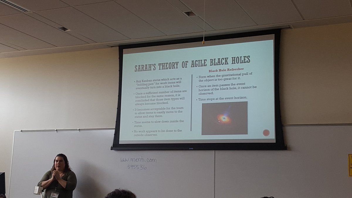 AJBiondi's tweet photo. "Any Kanban status which acts as a "holding pen" for work items will eventually turn into a black hole." Busting the blocked column myth with @sarita1119 and @CDENSON  #lakc17 https://t.co/5sjUILv3BO