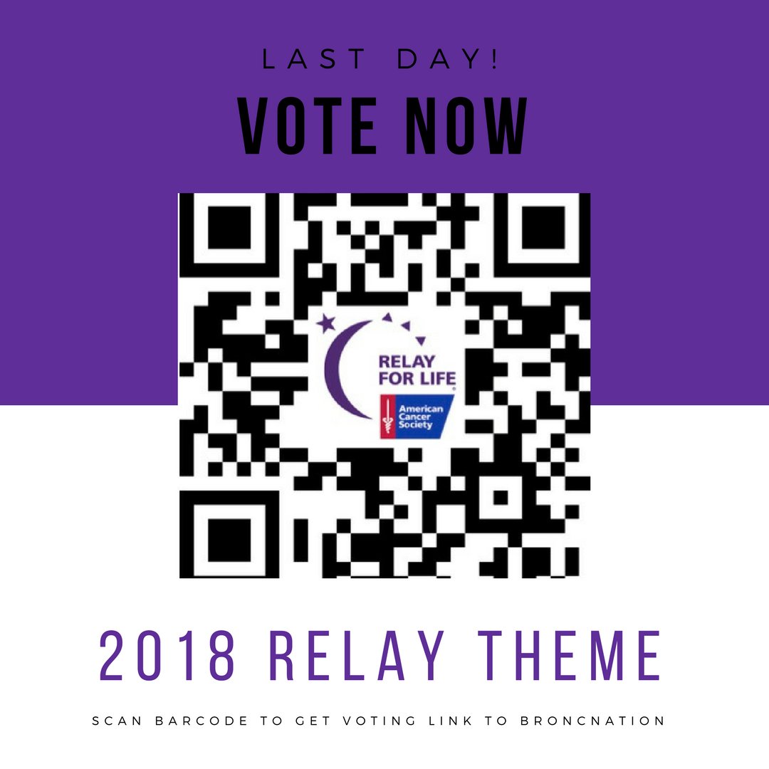 RiderURelay's tweet photo. LAST DAY TO VOTE FOR THE 2018 RELAY THEME!!! Get your votes in NOW on https://t.co/mRTSetDOXU or scan the barcode. 🗳 https://t.co/TyLPekZKnt