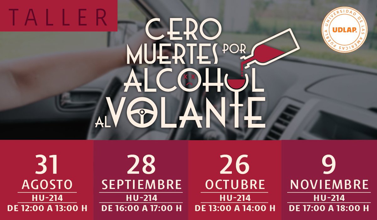 udlap's tweet image. No seas parte de una estadística más.
Asiste a nuestra charla "Cero muertes por alcohol al volante", por parte de #PPA2.
#ComunidadUDLAP