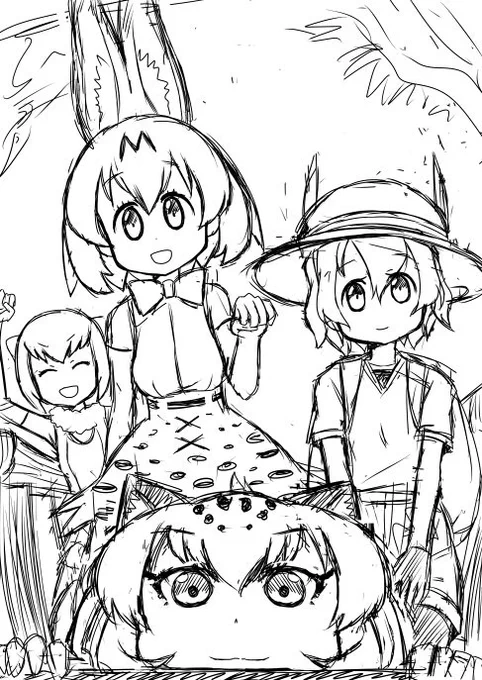 冬コミけもフレ本の表紙案ラフ2点描いてみた
ジャングル組の川渡しかアルパカさんとティータイム
どっちにするか決めかね中
どっちでもいいから4コマ更新しろよって言われたらごもっともです 