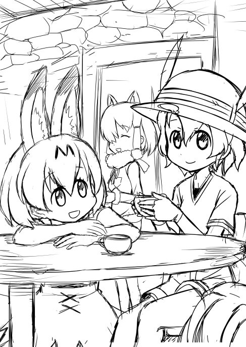 冬コミけもフレ本の表紙案ラフ2点描いてみた
ジャングル組の川渡しかアルパカさんとティータイム
どっちにするか決めかね中
どっちでもいいから4コマ更新しろよって言われたらごもっともです