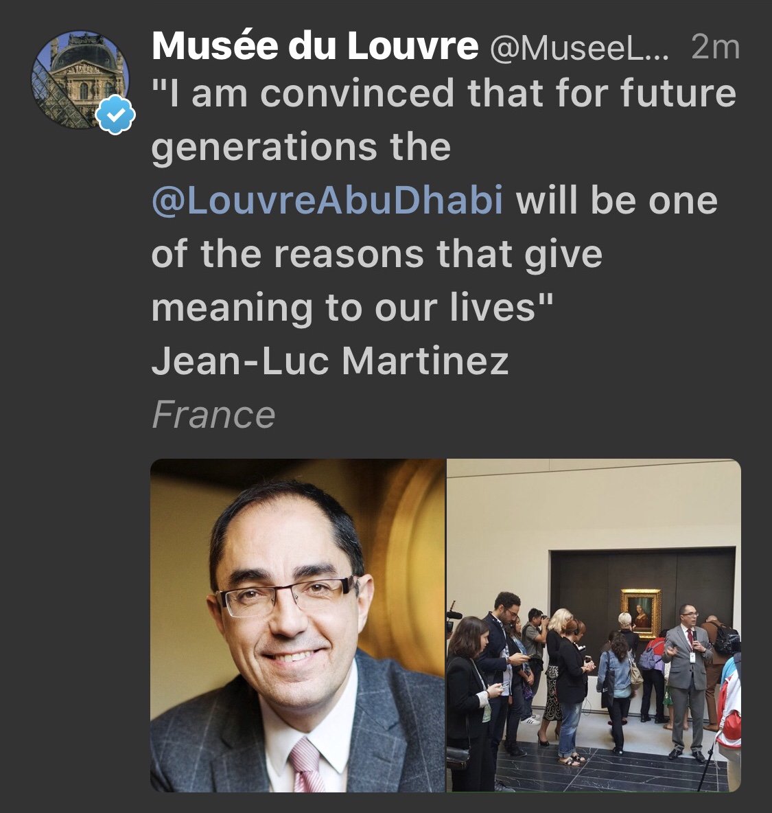 SophieDubois002's tweet photo. “The #LouvreAbuDhabi will be 1 of the reasons tht giv meaning to our lives”
Jean-Luc Martinez - #France
@UNESCO @bbc @Independent @Le_Figaro https://t.co/PFtDXfwMm9