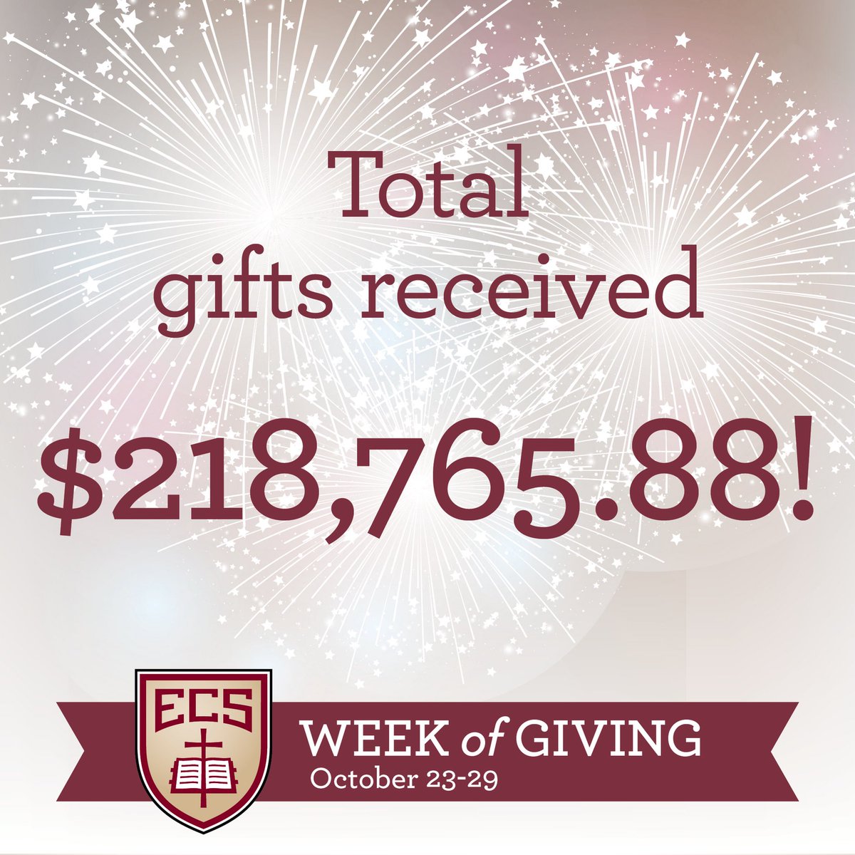 ecs_eagles's tweet photo. #WeekofGiving2017 TOTAL GIFTS! Check out our amazing results!! #ecsgenerosity #annualfund https://t.co/YR7Zutrbdv