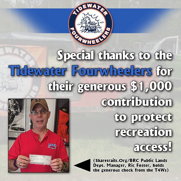 BRCBlueRibbon's tweet photo. The Tidewater Fourwheelers contribute $1,000 to support recreation access! #brc4access #sharetrails
https://t.co/Hi3OxVtRtZ https://t.co/i9Pw2VfJ65
