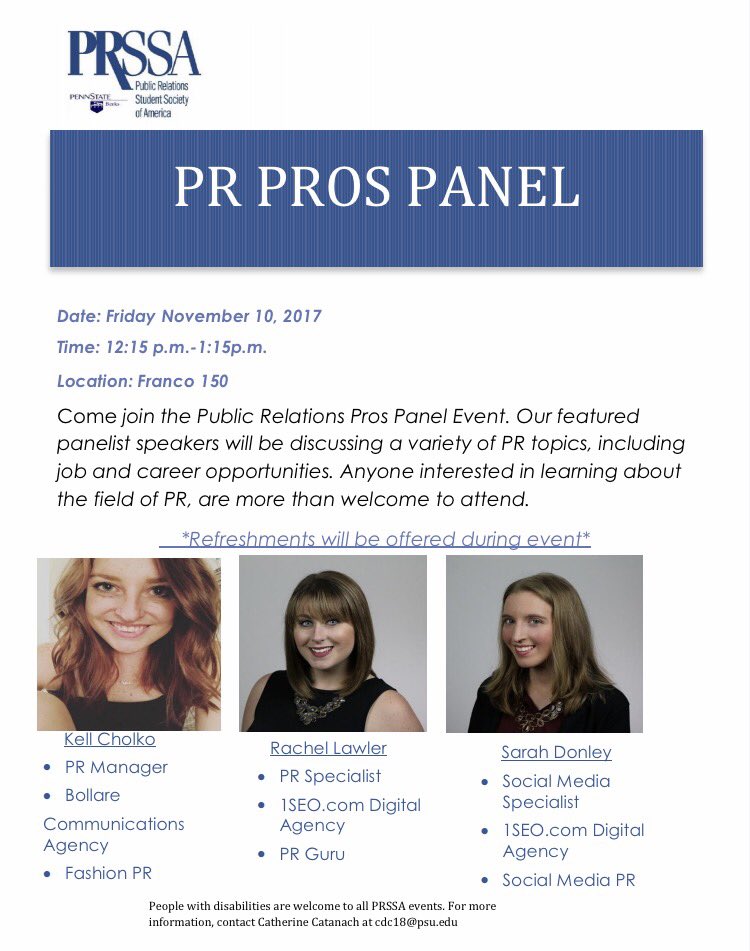 PRSSABerks's tweet photo. Come attend the PR PROS PANEL EVENT. Our featured speakers will be sharing tips and advice pertaining PR. On Friday 11/10 from 12:15-1:15p.m https://t.co/K0GaHE5kYH