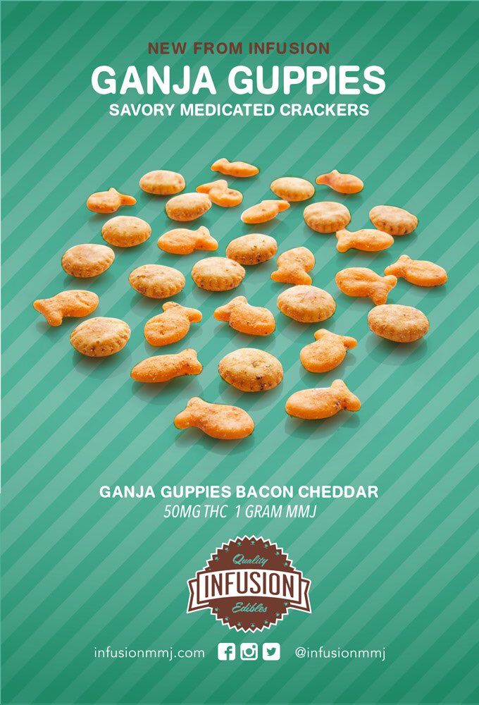 infusionmmj's tweet photo. NEW! Ganja Guppies! Savory Medicated Crackers. Now available #InfusionEdibles #InfusionMMJ #Savory #DazedAndInfused #MMJ #THC https://t.co/UyKR3b405g