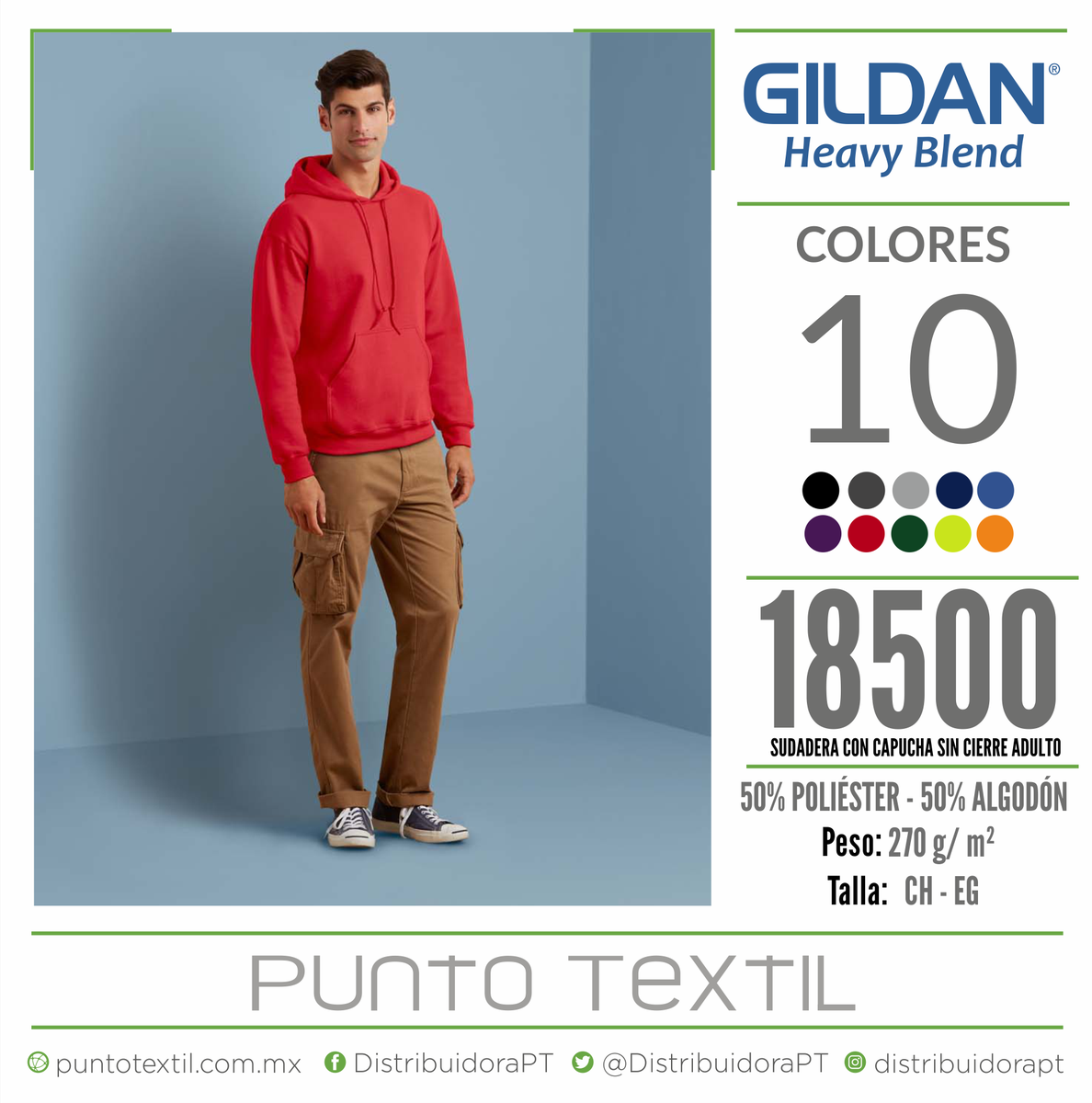 DistribuidoraPT's tweet photo. ¡Cúbrete del frío con #Gildan! Visita #PuntoTextil y adquiere el modelo Heavy Blend 18500, una cómoda sudadera con capucha para adulto. https://t.co/mFnbTfP2kp