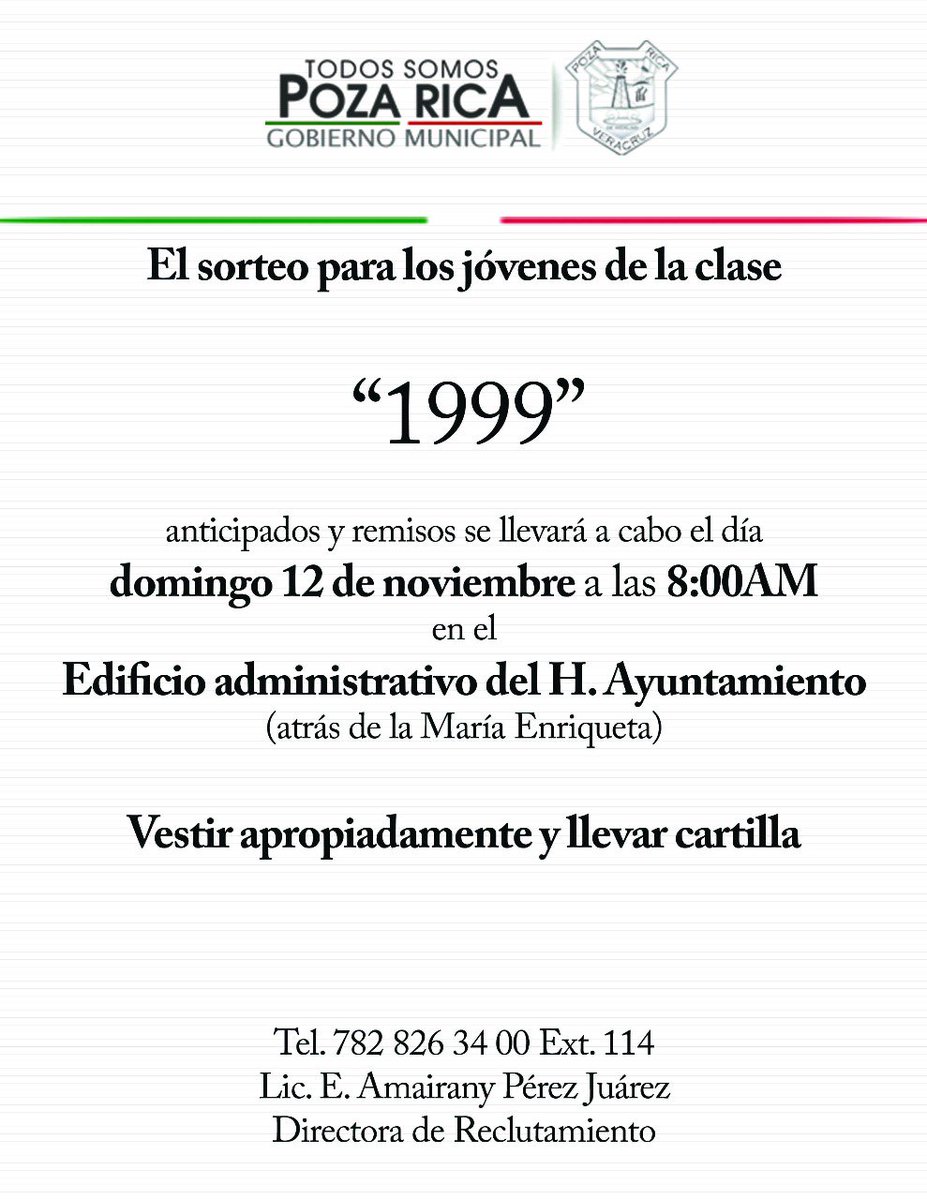 FortalezaPR2018's tweet photo. #PozaRica #Clase1999 Jóvenes Anticipados y Remisos participan en #Sorteo @SEDENAmx 12/noviembre 08:00 am Edificio Administrativo https://t.co/cuqtUGwaPb
