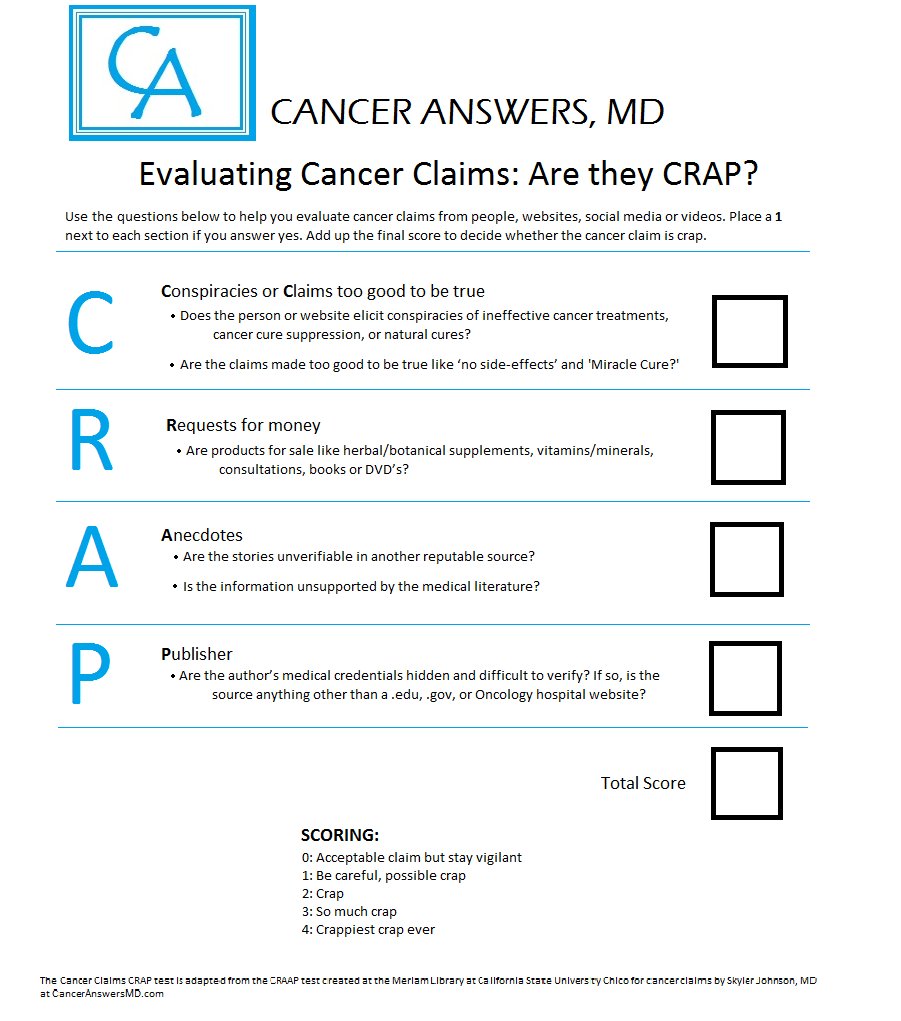 sky__john's tweet image. Are the cancer claims you have read or heard about crap? Here is an easy way to find out. canceranswersmd.com/blank-1/2017/1…