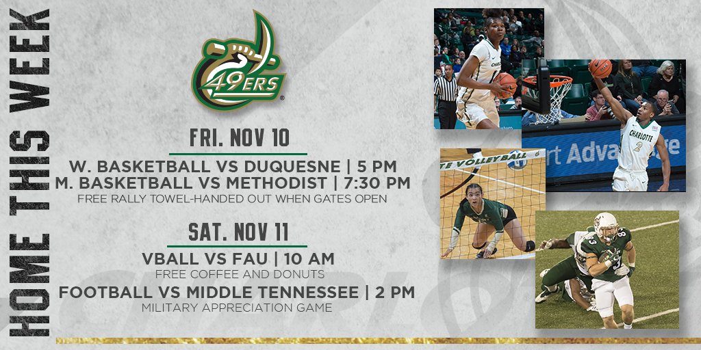 Charlotte49ers's tweet photo. .@49ersBasketball and @CharlotteWBB season is here! @49erVolleyball is home Sat. morning with FREE donuts and coffee before @Charlotte49erFB https://t.co/UrZLjcQ3NI