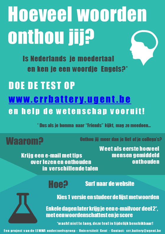 HeleenVBeken's tweet photo. Hoeveel woorden onthou jij in het Nederlands of Engels? Help de wetenschap en doe de test via https://t.co/mJ4QHLLZaO #com2017 #weneedyou https://t.co/hxyrdxMoSK