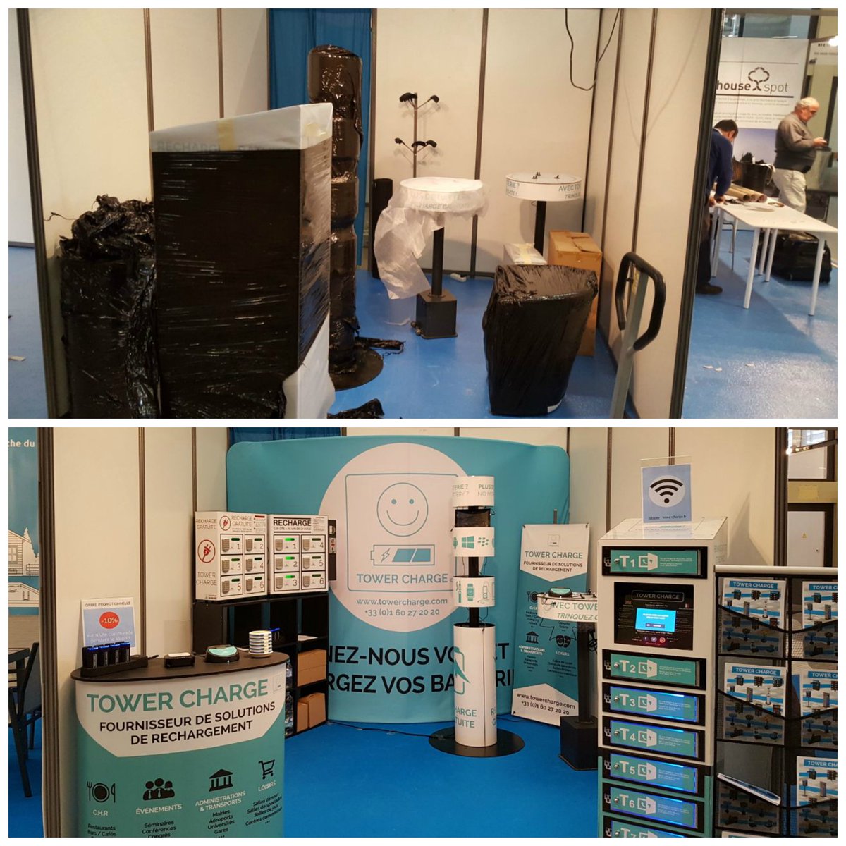 towercharge's tweet photo. AVANT/APRES ! Notre stand est prêt à vous recevoir au @SalonSETT du 7 au 9 Nov ! Recharge + WIFI gratuit ! Stand A21 Hall B3 🔋😃 #SalonSETT https://t.co/wWTVeU6nR9