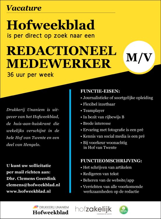 V A C A T U R E: Redactioneel medewerker. Ben jij het veelzijdige schrijftalent dat past binnen team <a href="/Hofweekblad/">Hofweekblad</a> en <a href="/Hofgids/">Hofweekblad</a>? Mail dan nu!